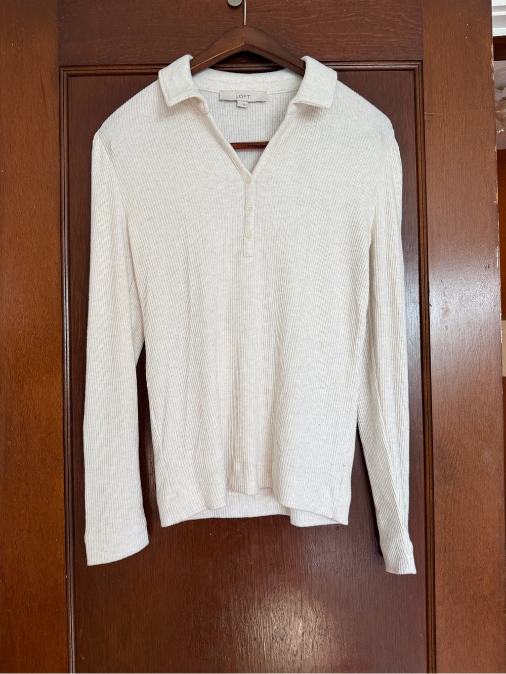 LOFT Women's Cream Ribbed Button Polo Sweater